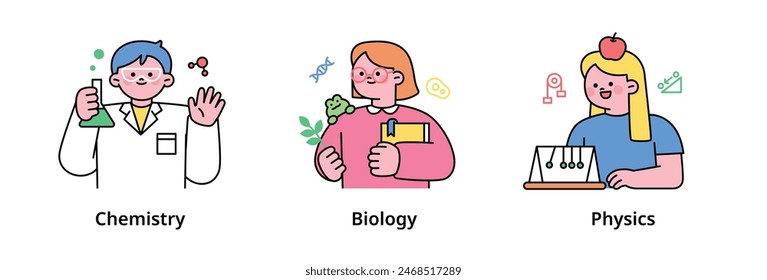 Cute student characters learning various things at school. Chemistry, biology, physics class. outline simple vector illustration.