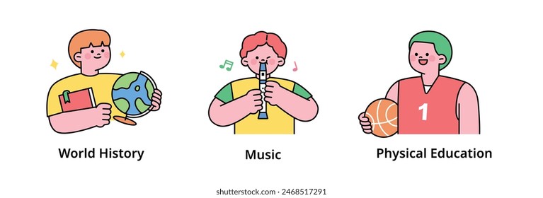Cute student characters learning various things at school. history, music, PE class. outline simple vector illustration.