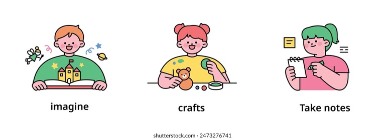 Cute student characters learning various things at school. imagine, crafts, take notes. outline simple vector illustration.