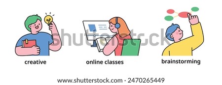 Cute student characters learning various things at school. creative, online class, brainstorming. outline simple vector illustration.