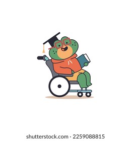Cute student frog teeneger in wheelchair vector cartoon funny animal character isolated on a white background.