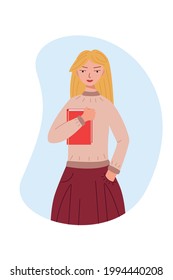 Cute student girl with a book in her hand. Vector illustration of a apprentice, the concept of education