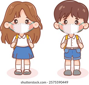 Cute student girl and boy wearing facemask to protection from dust pm2.5 and virus. illustration vector premium.