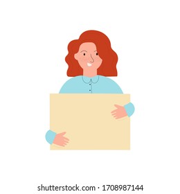 Cute student girl with an empty placard in her hands isolated on white background. Young woman holding a blank sheet with a place for text. Flat vector illustration 