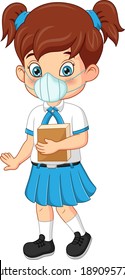Cute student girl in face mask holding book