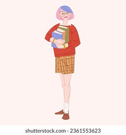 Cute student girl holding books while standing. Young woman dressed with jumper and skirt. Read more books concept. Hand drawn Vector trendy illustration