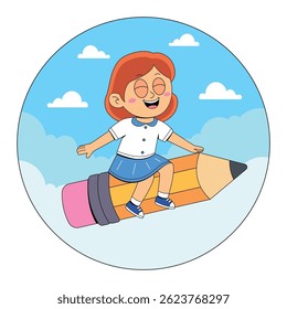 Cute Student Girl Riding Pencil