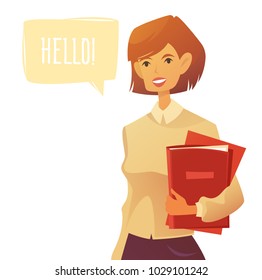 Cute student girl says hello. Vector cartoon illustration. Character design