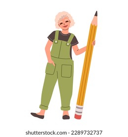 Cute student girl standing with a large pencil. Flat design style minimal vector illustration.