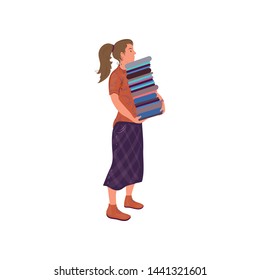 Cute student girl takes a big stack of books