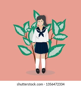 Cute student girl in uniform on pink background,vector illustration paper art style.