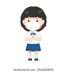 Cute student girl wearing face mask greeting sawasdee