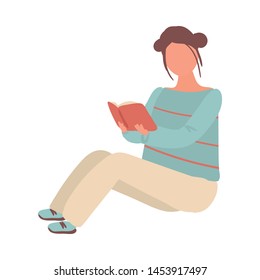Cute student girl in white pants stay on floor and reading book