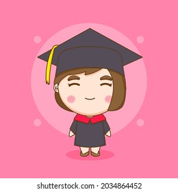 Cute student in graduation gown chibi character illustration