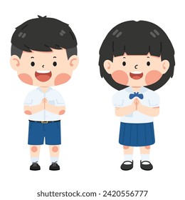 Cute student greeting sawasdee set