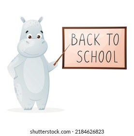 Cute student hippo with a pointer near the blackboard, vector isolated cartoon illustration, back to school design element.