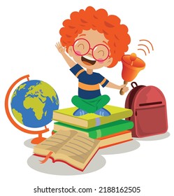 cute student holding school bell with books and world map