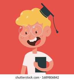 Cute student on graduation cap vector cartoon character isolated on background.