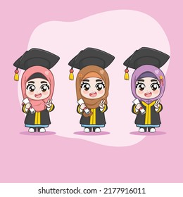 Cute student on graduation day cartoon illustration set muslimah