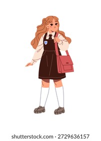Lindo estudiante con uniforme escolar. Niña feliz en vestido con bolso para libros. El niño sostiene la mochila en el hombro. Adorable pupila en la altura de la rodilla. Ilustración vectorial aislada plana sobre fondo blanco
