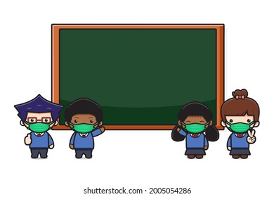 Cute student standing front of board with mask new normal style cartoon illustration. Design isolated on white flat cartoon style.