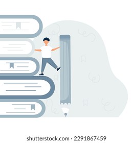 Cute student standing on the huge books  with a big pencil. Young person holding pencil. Flat design vector illustration