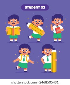 Estudiante lindo con varias actividades en la escuela. Vuelta a la escuela