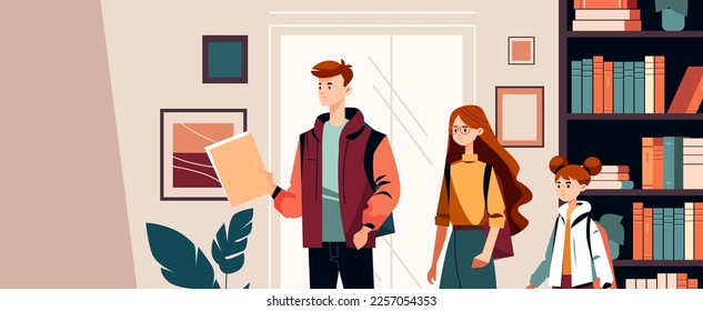 cute students in casual clothes studying in library or bookstore with books and bookshelves education concept