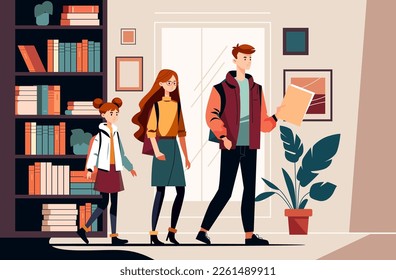 cute students in casual clothes studying in library or bookstore with books and bookshelves education concept