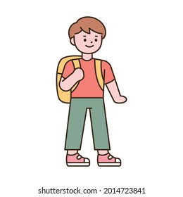 Cute students character. A boy standing with a bag. outline simple vector illustration.