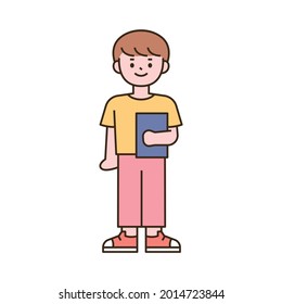 Cute students character. A boy standing with a book. outline simple vector illustration.