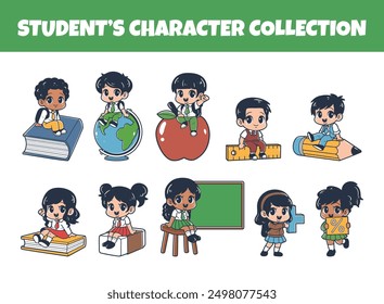 Cute students character vector illustration set