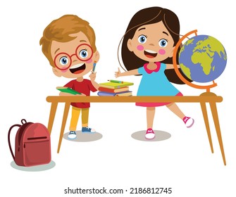 cute students in class with their bags and books at their desks