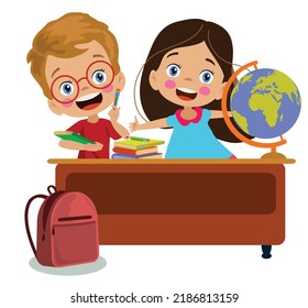 cute students in class with their bags and books at their desks