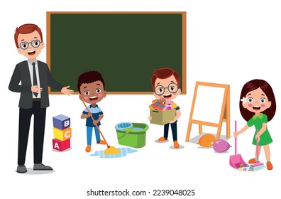 cute students cleaning classroom at school