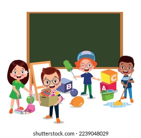 cute students cleaning classroom at school