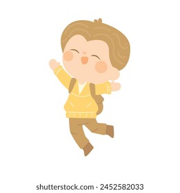 cute students going to school with backpacks. kids going to elementary or middle school. brown hair boy wear yellow costume go to Kindergarten School children.vector illustration handdraw. 