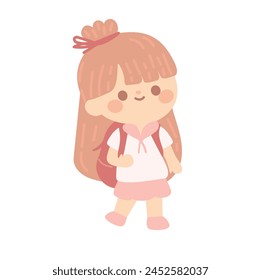 cute students going to school with backpacks. kids going to elementary or middle school.pink hair girl wear pink costume go to Kindergarten School children.vector illustration handdraw. 