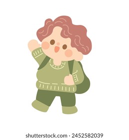 cute students going to school with backpacks. kids going to elementary or middle school. brown hair boy wear green costume go to Kindergarten School children.vector illustration handdraw. 
