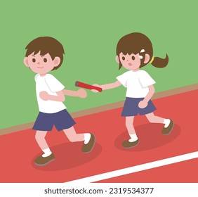 Cute students running on the playground relay sport track and field competition vector