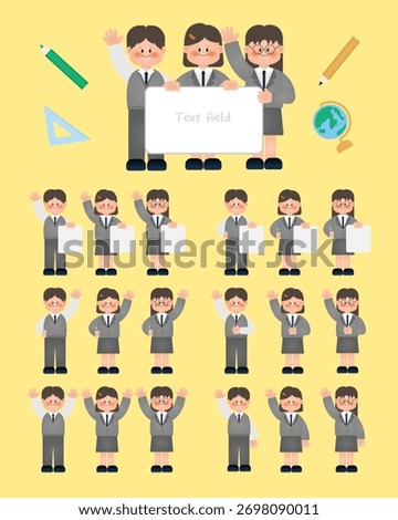Cute Students in School Uniform – Standing and Waving Character Set