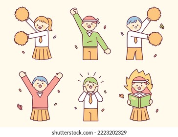 Cute students in school uniforms are cheering happily. outline simple vector illustration.