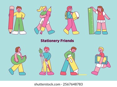 Cute students stand holding large school supplies. outline character vector illustration.