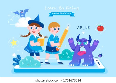 Cute students standing on smartphone and playing riddle game, concept of online learning, illustration in flat style