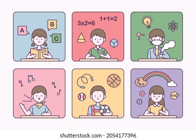 Cute students are taking various classes. flat design style vector illustration.