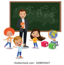 cute students and teacher in classroom at school