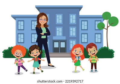 cute students and teacher  in front of school