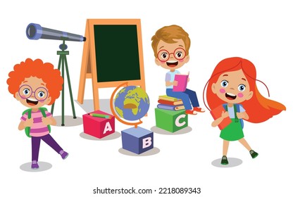 cute students with telescope on letter cubes in classroom