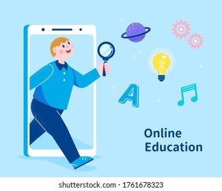 Cute students walking through screen to explore the new world of knowledge, concept of online learning, illustration in flat style