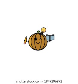 Cute Study Pumpkin Cartoon Character Vector Illustration Design. Outline, Cute, Funny Style. Recomended For Children Book, Cover Book, And Other.